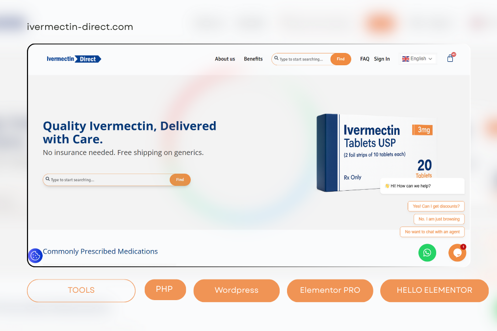 Ivermectin-Direct homepage – custom WordPress design by PHP and JavaScript expert for online prescription pharmacy