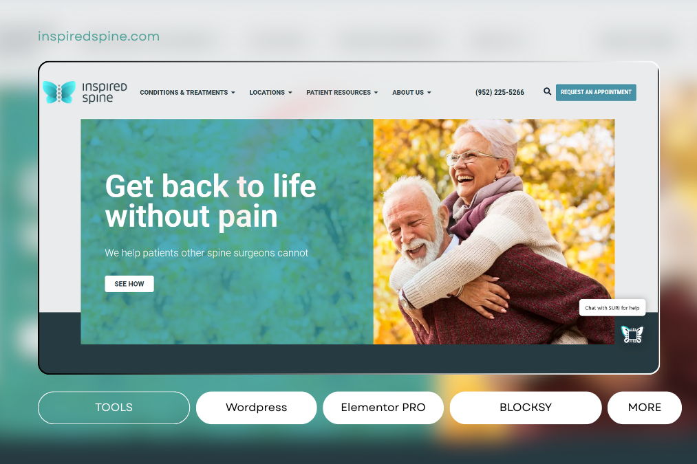Inspired Spine homepage – custom WordPress design by PHP and JavaScript expert showcasing spinal care and healthcare services