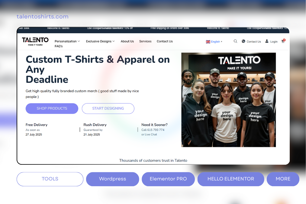 Talento Shirts custom eCommerce website designed with WordPress, showcasing product-focused UI, PHP and JavaScript development, and scalable online store functionality by a WordPress website developer